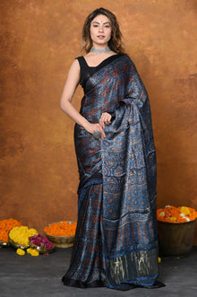  Handloom Modal Silk Saree With Ajrakh Handblock Print With Eco-Friendly Vegetable Dye~ Blue (Shipping in 10 days)