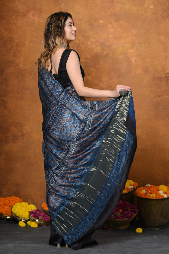 Handloom Modal Silk Saree With Ajrakh Handblock Print With Eco-Friendly Vegetable Dye~ Blue