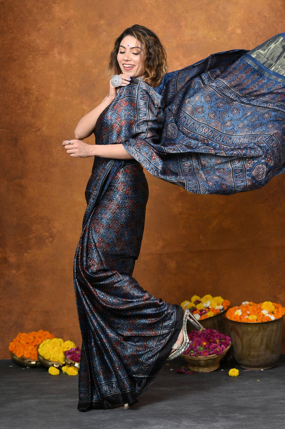 Handloom Modal Silk Saree With Ajrakh Handblock Print With Eco-Friendly Vegetable Dye~ Blue
