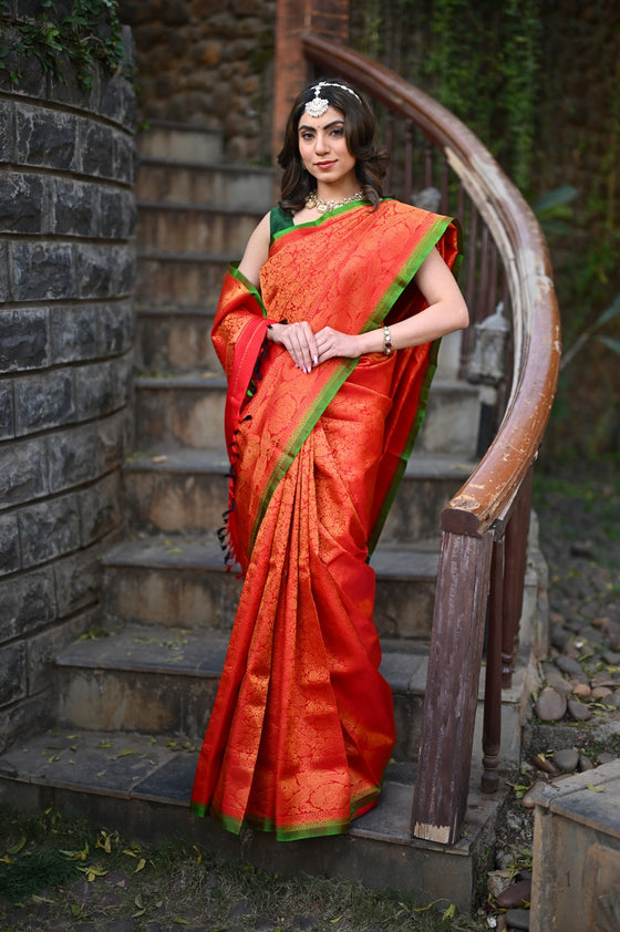 Rang Mahal ~ Brocade Gadwal Pure Silk Handloom Saree in Red (With Silk Mark)