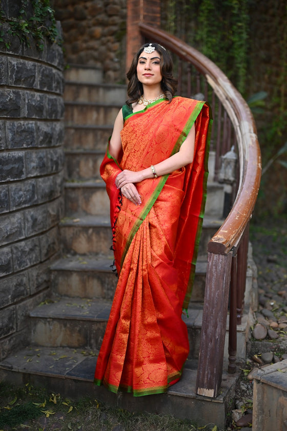 Rang Mahal ~ Brocade Gadwal Pure Silk Handloom Saree in Red (With Silk Mark)