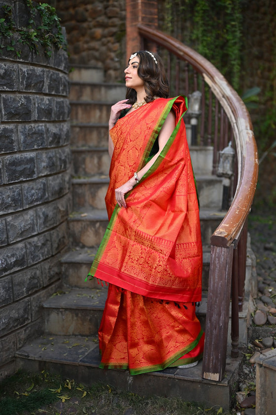 Rang Mahal ~ Brocade Gadwal Pure Silk Handloom Saree in Red (With Silk Mark)