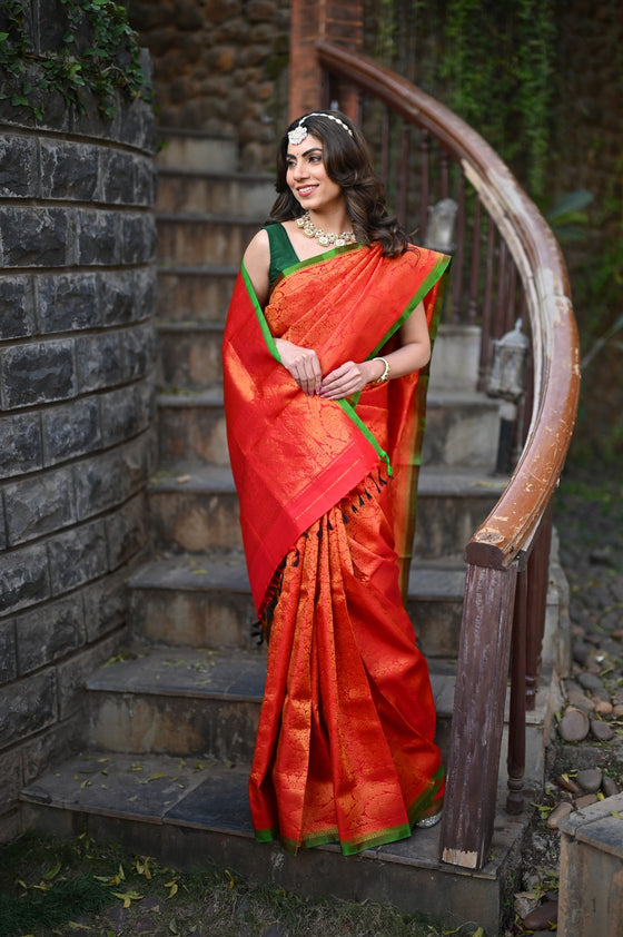 Rang Mahal ~ Brocade Gadwal Pure Silk Handloom Saree in Red (With Silk Mark)