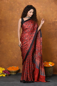  Handloom Modal Silk Saree With Ajrakh Handblock Print With Eco-Friendly Vegetable Dye~ Red (Shipping in 10 working days)