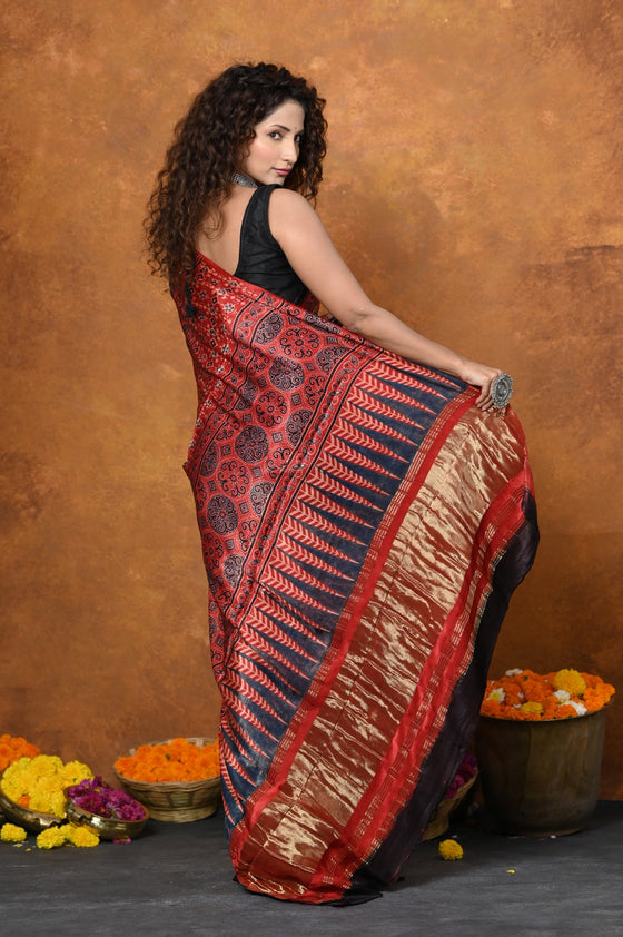 Handloom Modal Silk Saree With Ajrakh Handblock Print With Eco-Friendly Vegetable Dye~ Red (Shipping in 10 working days)