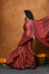 Handloom Modal Silk Saree With Ajrakh Handblock Print With Eco-Friendly Vegetable Dye~ Red