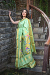 Chandrakor Rang Mahal ~ Handloom Pure Silk Paithani Maharani Paithani in Pista Green