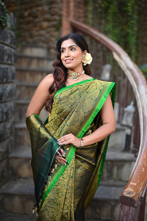 Rang Mahal ~ Brocade Gadwal Pure Silk Handloom Saree in Green (With Silk Mark)