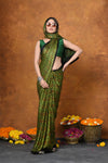 Handloom Modal Silk Saree With Ajrakh Handblock Print With Eco-Friendly Vegetable Dye~ Green