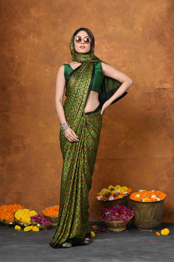 Handloom Modal Silk Saree With Ajrakh Handblock Print With Eco-Friendly Vegetable Dye~ Green