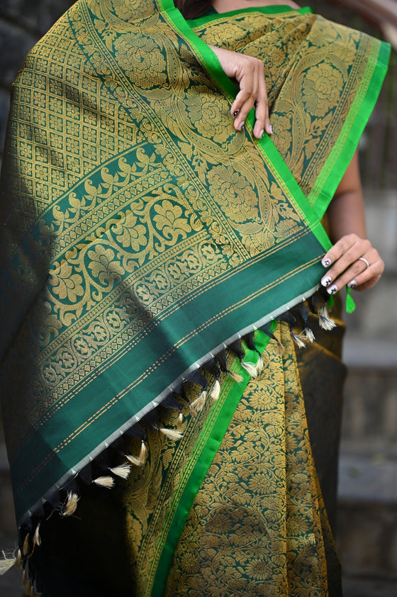 Rang Mahal ~ Brocade Gadwal Pure Silk Handloom Saree in Green (With Silk Mark)