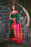 Rang Mahal ~ Gadwal Pure Silk Handloom Saree in Contrast Green with Rani Pink (With Silk Mark)