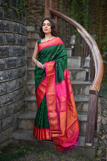  Rang Mahal ~ Gadwal Pure Silk Handloom Saree in Contrast Green with Rani Pink (With Silk Mark)