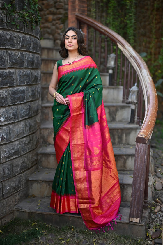 Rang Mahal ~ Gadwal Pure Silk Handloom Saree in Contrast Green with Rani Pink (With Silk Mark)
