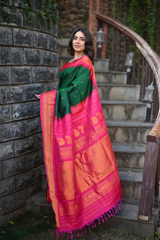 Rang Mahal ~ Gadwal Pure Silk Handloom Saree in Contrast Green with Rani Pink (With Silk Mark)