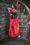 Rang Mahal ~ Gadwal Pure Silk Handloom Saree in Contrast Green with Rani Pink (With Silk Mark)