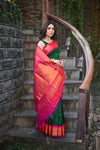 Rang Mahal ~ Gadwal Pure Silk Handloom Saree in Contrast Green with Rani Pink (With Silk Mark)