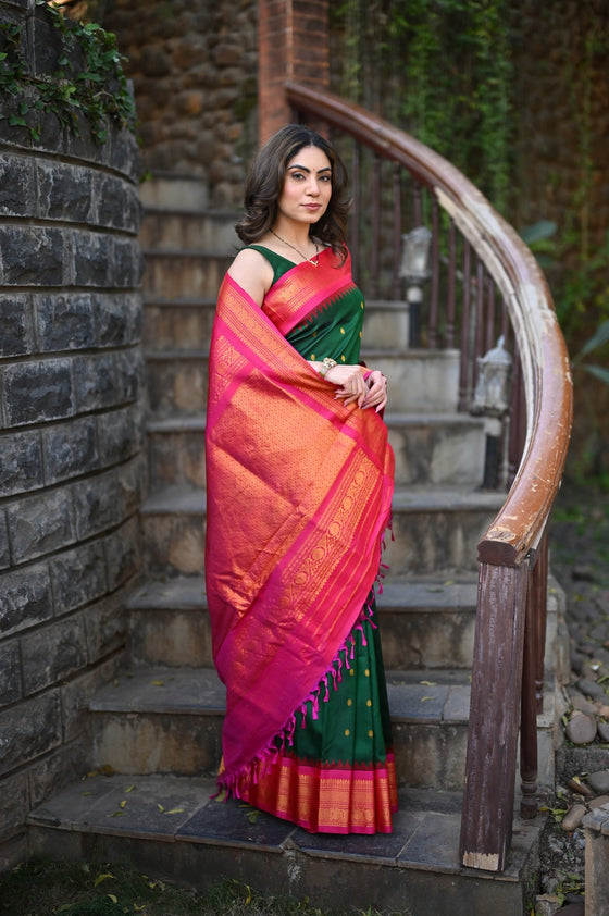 Rang Mahal ~ Gadwal Pure Silk Handloom Saree in Contrast Green with Rani Pink (With Silk Mark)