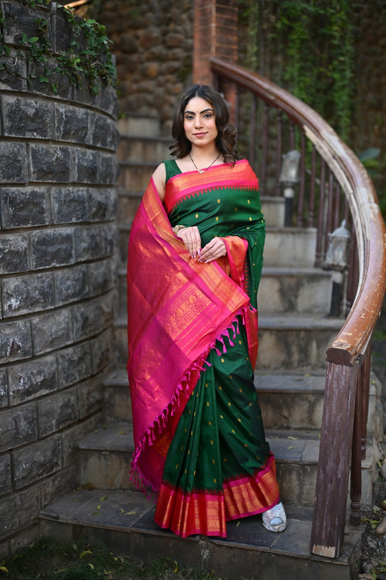 Rang Mahal ~ Gadwal Pure Silk Handloom Saree in Contrast Green with Rani Pink (With Silk Mark)