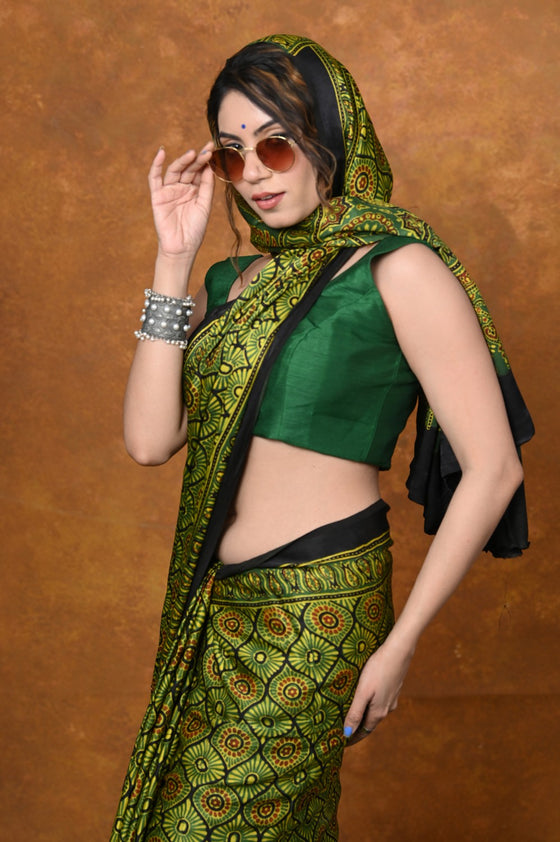 Handloom Modal Silk Saree With Ajrakh Handblock Print With Eco-Friendly Vegetable Dye~ Green