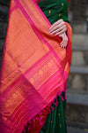 Rang Mahal ~ Gadwal Pure Silk Handloom Saree in Contrast Green with Rani Pink (With Silk Mark)