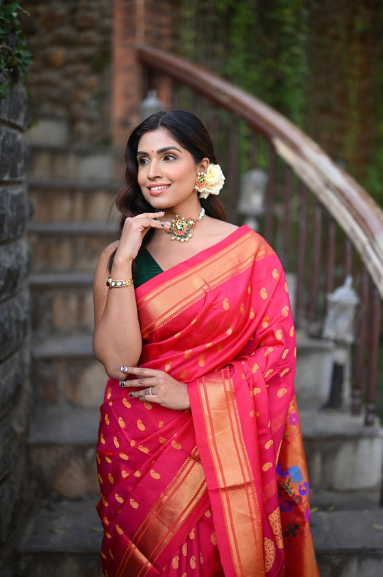 Rang Mahal ~ Handloom Pure Silk Paithani Maharani Paithani in Rani Pink