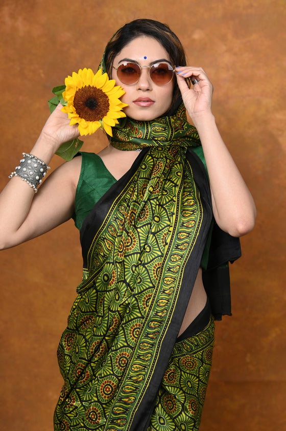 Handloom Modal Silk Saree With Ajrakh Handblock Print With Eco-Friendly Vegetable Dye~ Green