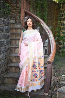  Rang Mahal ~ Handloom Pure Silk Paithani Maharani Paithani in Dual Tone White Pink