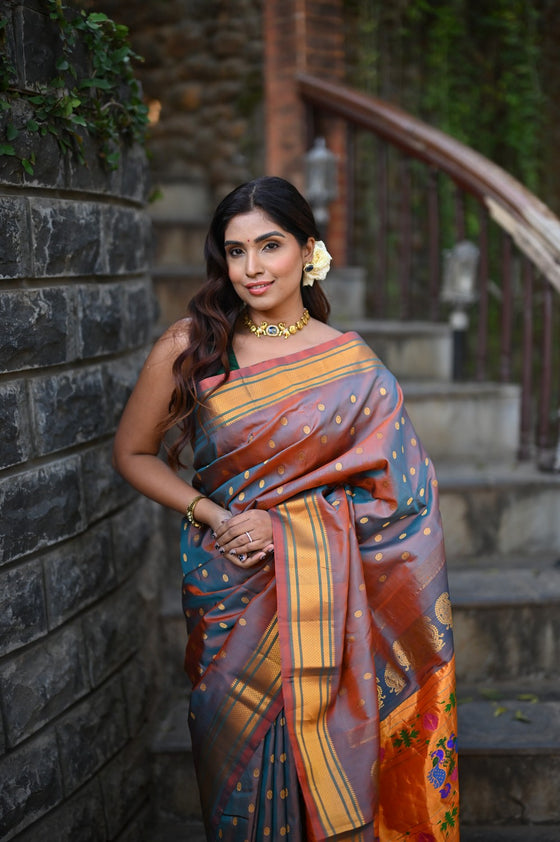 Rang Mahal ~ Handloom Pure Silk Paithani Maharani Paithani in Dual Tone Powder Blue and Red (With Silk Mark)