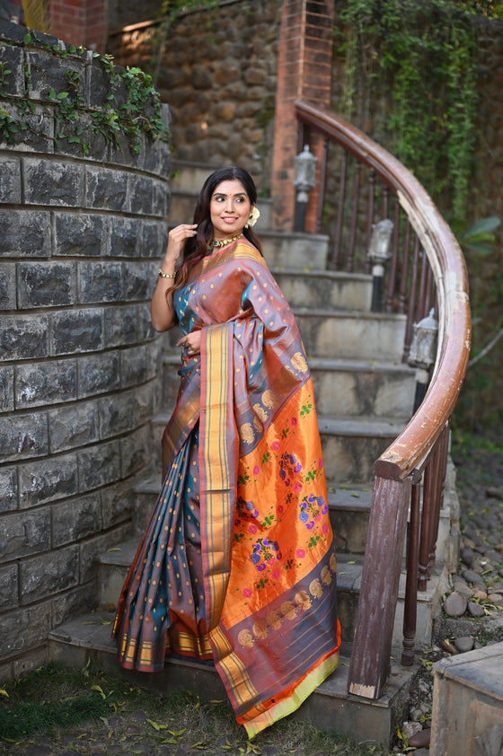 Rang Mahal ~ Handloom Pure Silk Paithani Maharani Paithani in Dual Tone Powder Blue and Red (With Silk Mark)