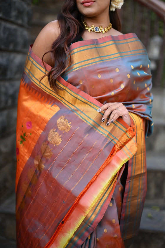 Rang Mahal ~ Handloom Pure Silk Paithani Maharani Paithani in Dual Tone Powder Blue and Red (With Silk Mark)