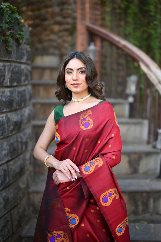 Rang Mahal ~ Gadwal Pure Silk Handloom Saree in Rich Maroon with Mango Motifs Border and Meena Work (With Silk Mark)