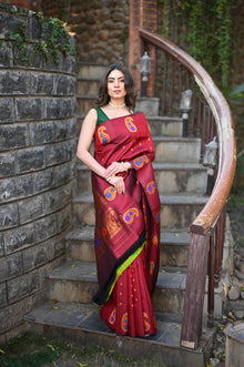  Rang Mahal ~ Gadwal Pure Silk Handloom Saree in Rich Maroon with Mango Motifs Border and Meena Work (With Silk Mark)