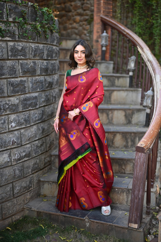 Rang Mahal ~ Gadwal Pure Silk Handloom Saree in Rich Maroon with Mango Motifs Border and Meena Work (With Silk Mark)