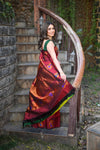 Rang Mahal ~ Gadwal Pure Silk Handloom Saree in Rich Maroon with Mango Motifs Border and Meena Work (With Silk Mark)