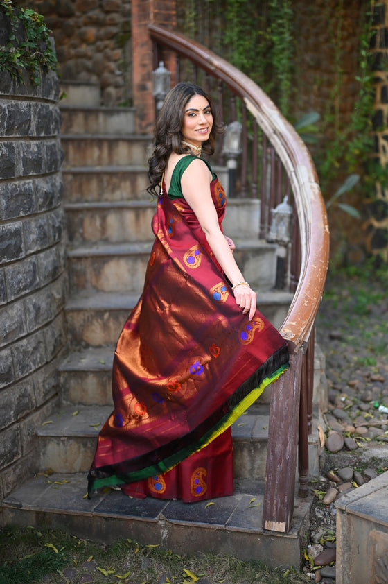 Rang Mahal ~ Gadwal Pure Silk Handloom Saree in Rich Maroon with Mango Motifs Border and Meena Work (With Silk Mark)