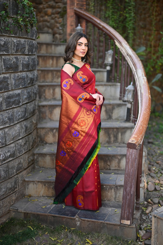 Rang Mahal ~ Gadwal Pure Silk Handloom Saree in Rich Maroon with Mango Motifs Border and Meena Work (With Silk Mark)