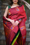 Rang Mahal ~ Gadwal Pure Silk Handloom Saree in Rich Maroon with Mango Motifs Border and Meena Work (With Silk Mark)