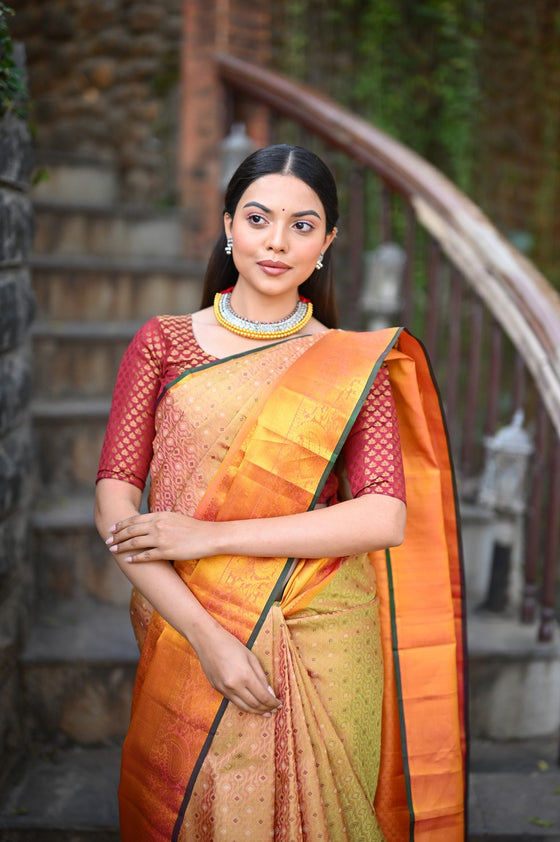 Rang Mahal ~ Exclusive Brocade Gadwal Pure Silk Handloom Saree Beautiful Dual Tone with Rich Border (With Silk Mark)