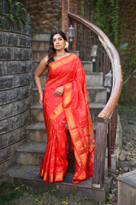 Rang Mahal Designer ~ Handloom Pure Silk Paithani Maharani Paithani in Red (With Silk Mark)