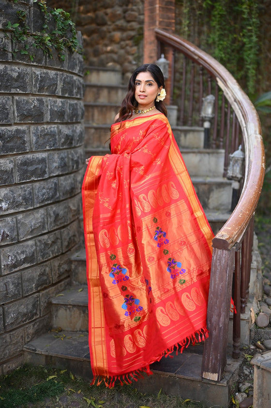 Rang Mahal Designer ~ Handloom Pure Silk Paithani Maharani Paithani in Red (With Silk Mark)