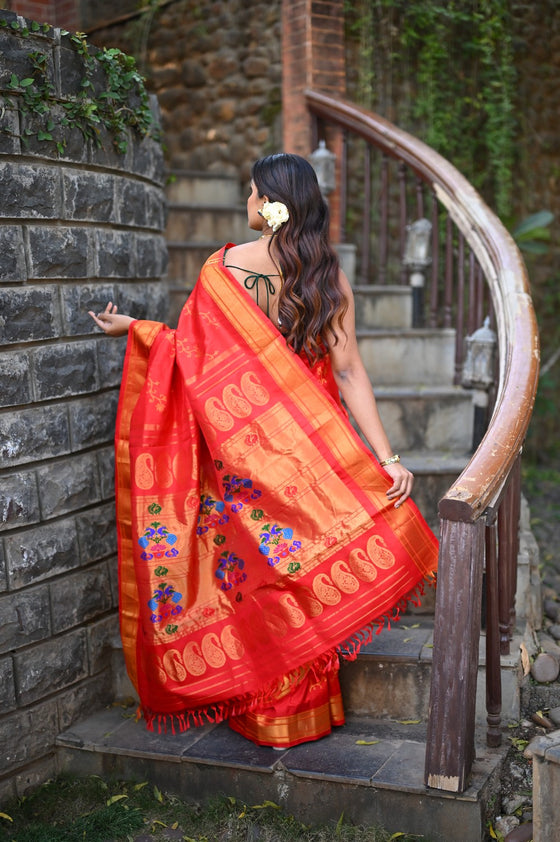 Rang Mahal Designer ~ Handloom Pure Silk Paithani Maharani Paithani in Red (With Silk Mark)
