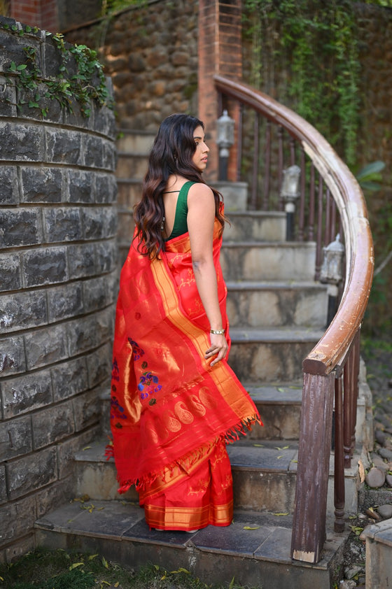 Rang Mahal Designer ~ Handloom Pure Silk Paithani Maharani Paithani in Red (With Silk Mark)