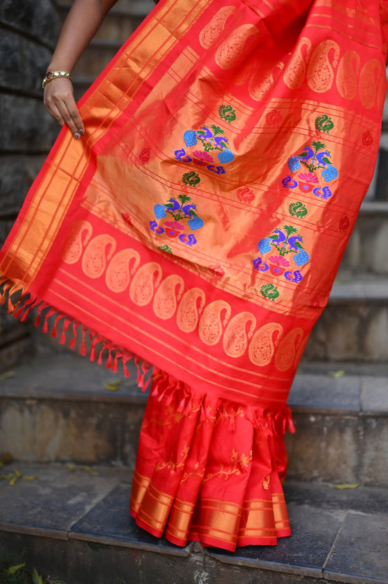 Rang Mahal Designer ~ Handloom Pure Silk Paithani Maharani Paithani in Red (With Silk Mark)