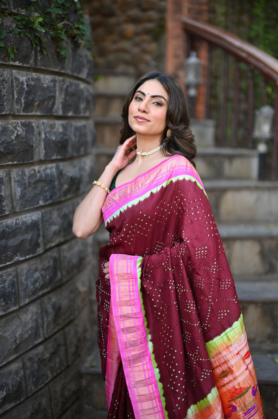 Rang Mahal Exclusive ~ Handloom Pure Silk Bandhani Paithani in Double Pallu in Maroon with Pink Border (With Silk Mark)