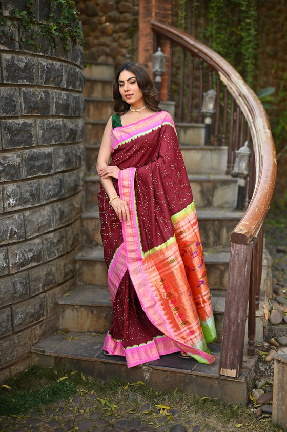 Rang Mahal Exclusive ~ Handloom Pure Silk Bandhani Paithani in Double Pallu in Maroon with Pink Border (With Silk Mark)