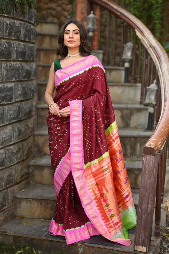 Rang Mahal Exclusive ~ Handloom Pure Silk Bandhani Paithani in Double Pallu in Maroon with Pink Border (With Silk Mark)
