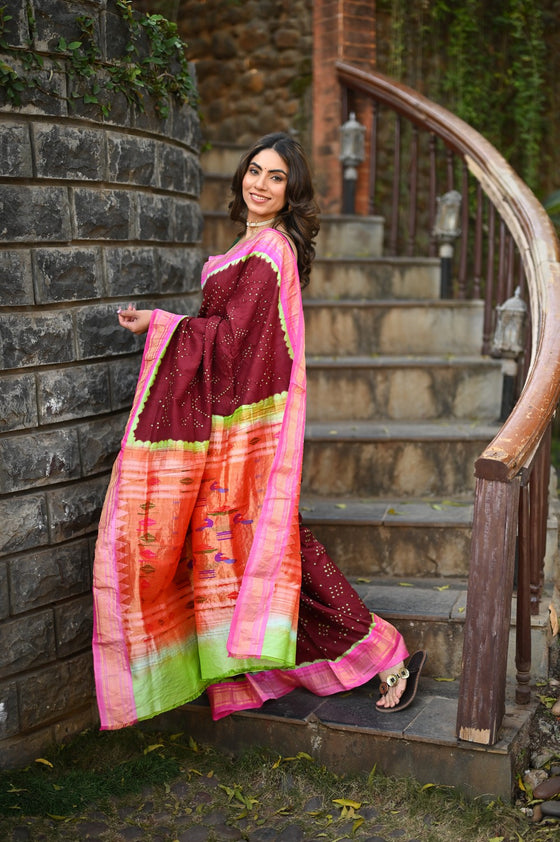 Rang Mahal Exclusive ~ Handloom Pure Silk Bandhani Paithani in Double Pallu in Maroon with Pink Border (With Silk Mark)