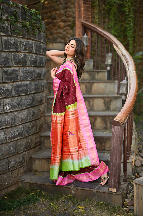 Rang Mahal Exclusive ~ Handloom Pure Silk Bandhani Paithani in Double Pallu in Maroon with Pink Border (With Silk Mark)