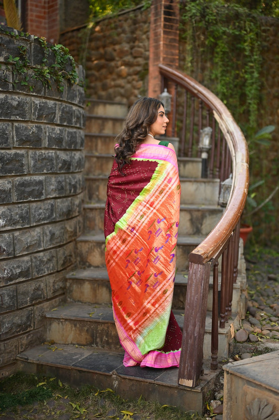 Rang Mahal Exclusive ~ Handloom Pure Silk Bandhani Paithani in Double Pallu in Maroon with Pink Border (With Silk Mark)